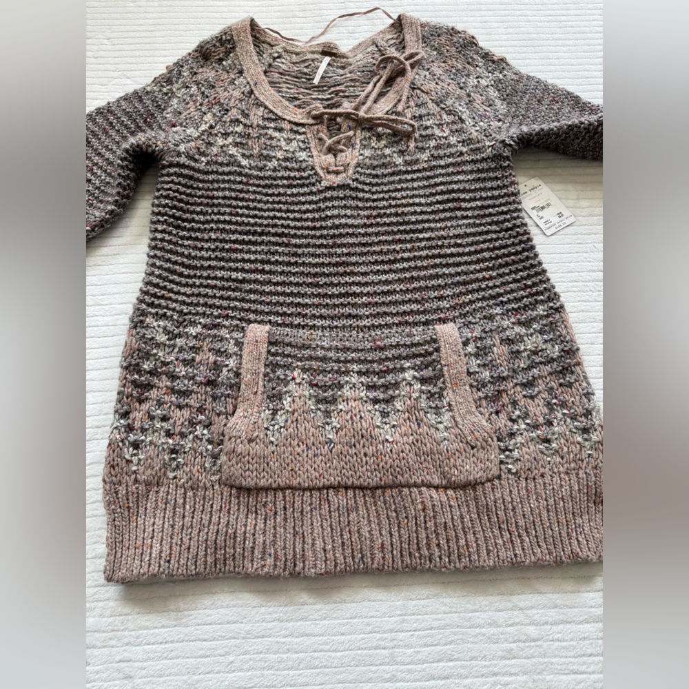 Free People Blush Taupe Lace-Up Cable Knit Scoop Sweater - Picture 9 of 11